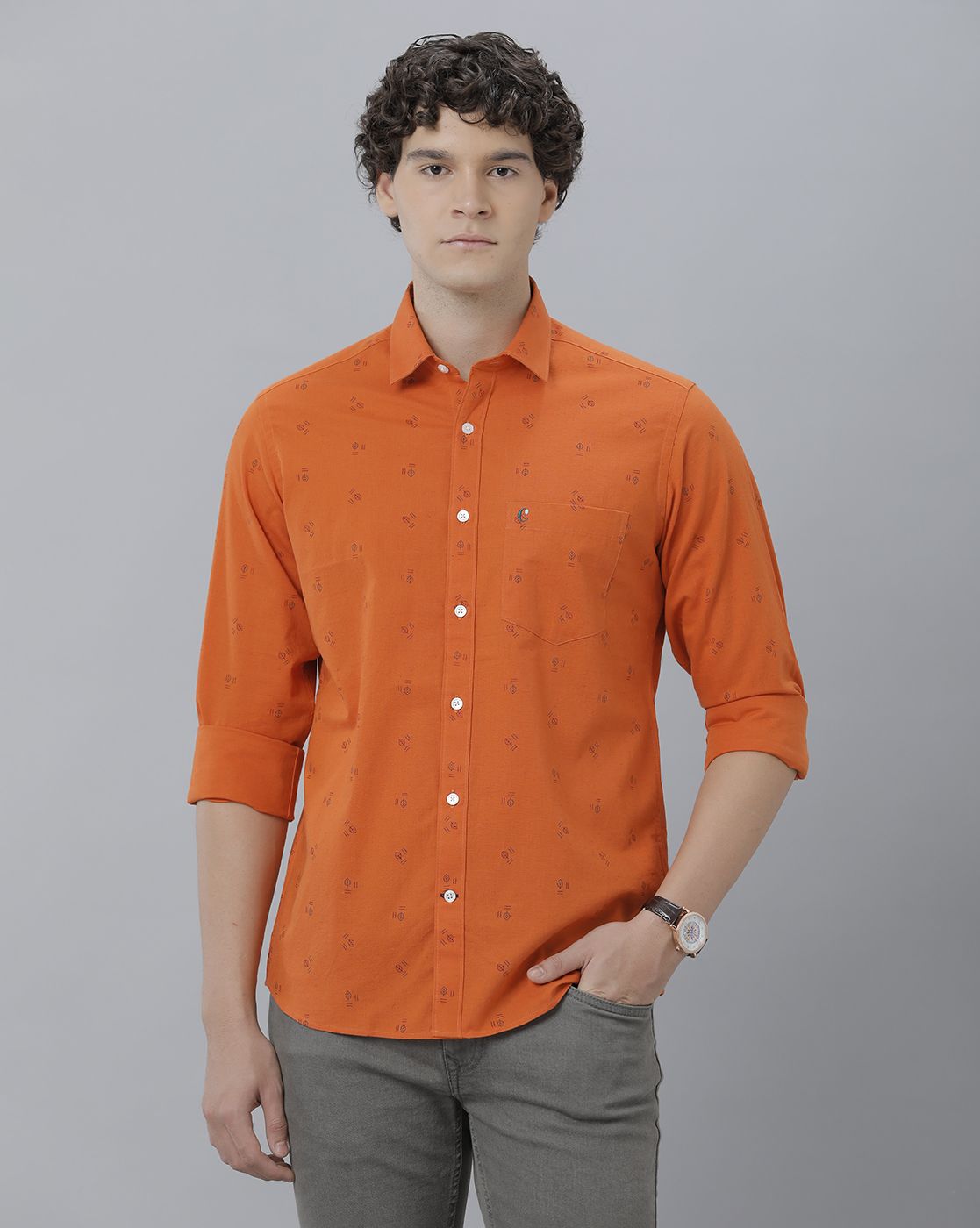 Men's Blended Linen Orange Printed Contemporary Fit Full Sleeve Sleeve Casual Shirt