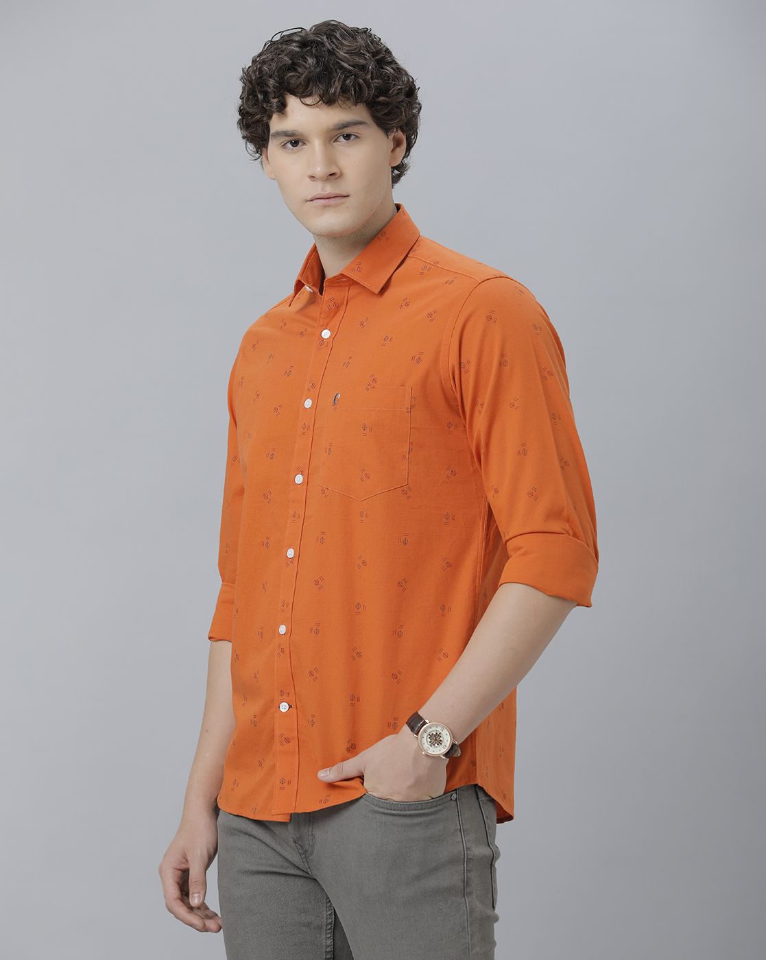 Men's Blended Linen Orange Printed Contemporary Fit Full Sleeve Sleeve Casual Shirt