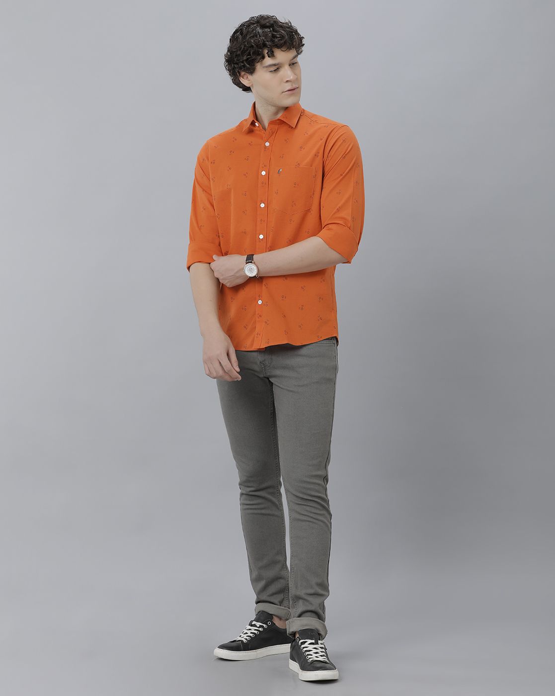 Men's Blended Linen Orange Printed Contemporary Fit Full Sleeve Sleeve Casual Shirt