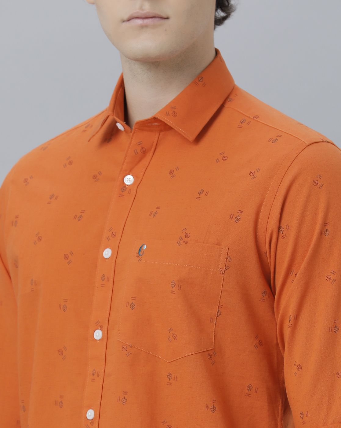 Men's Blended Linen Orange Printed Contemporary Fit Full Sleeve Sleeve Casual Shirt