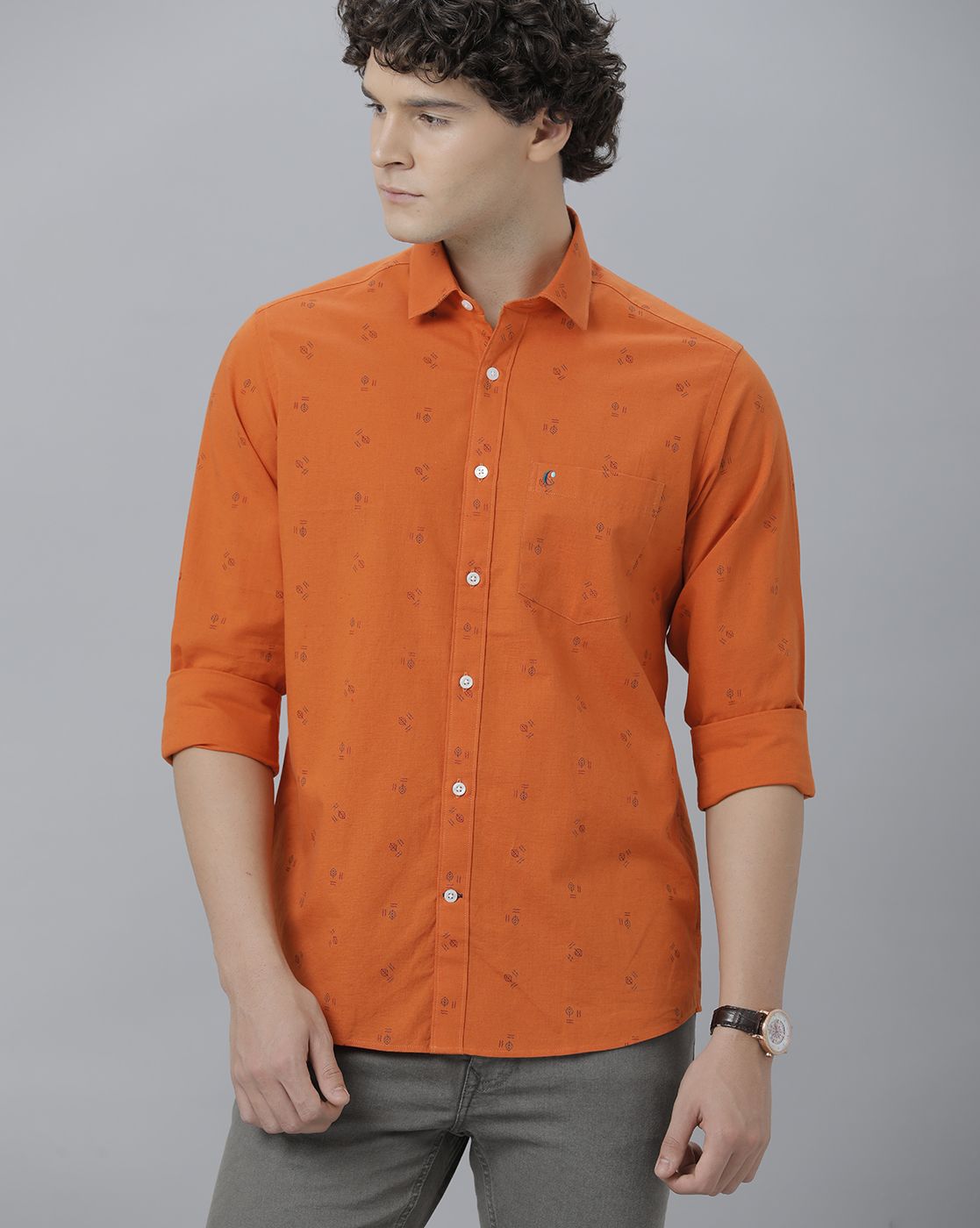 Men's Blended Linen Orange Printed Contemporary Fit Full Sleeve Sleeve Casual Shirt