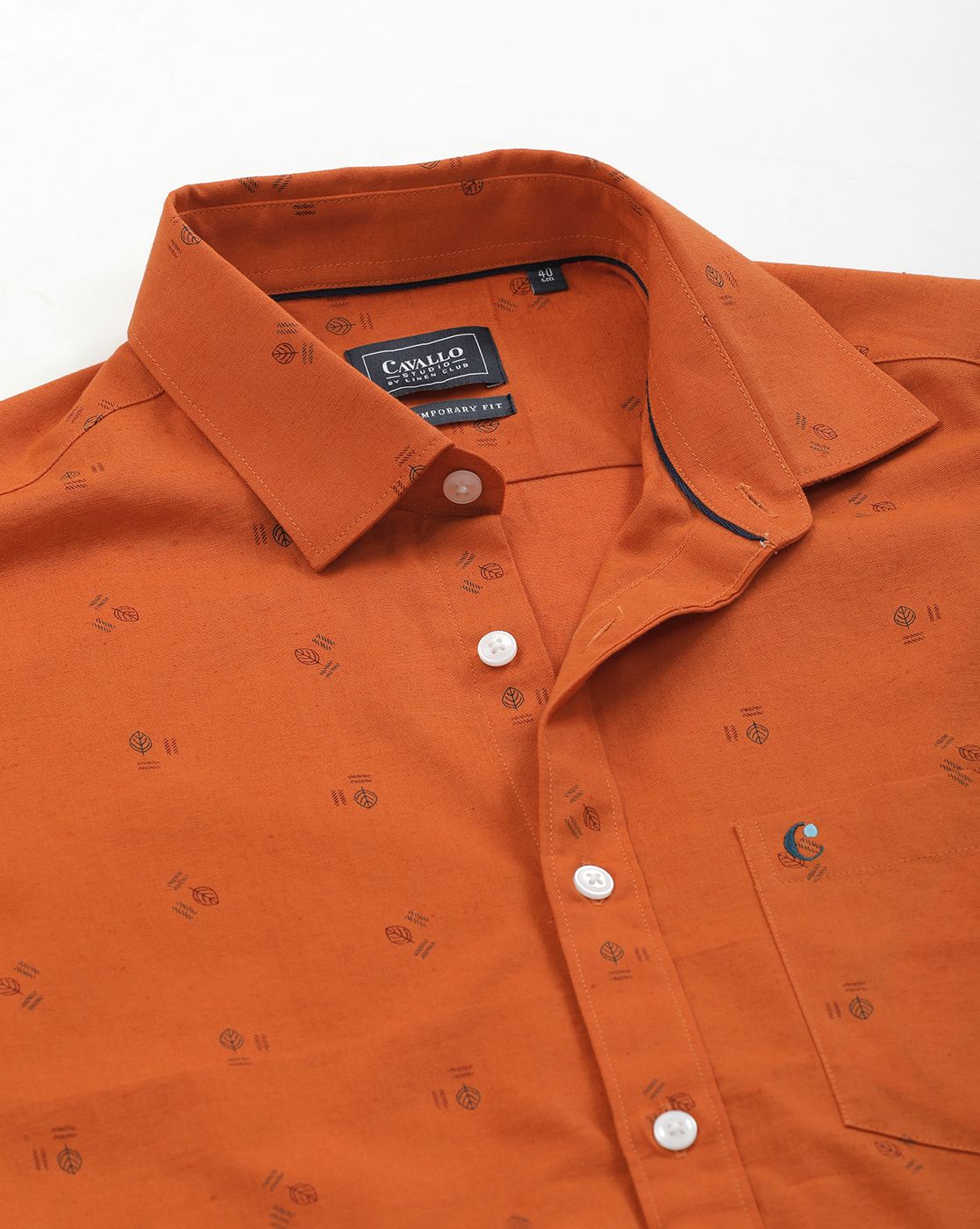 Men's Blended Linen Orange Printed Contemporary Fit Full Sleeve Sleeve Casual Shirt