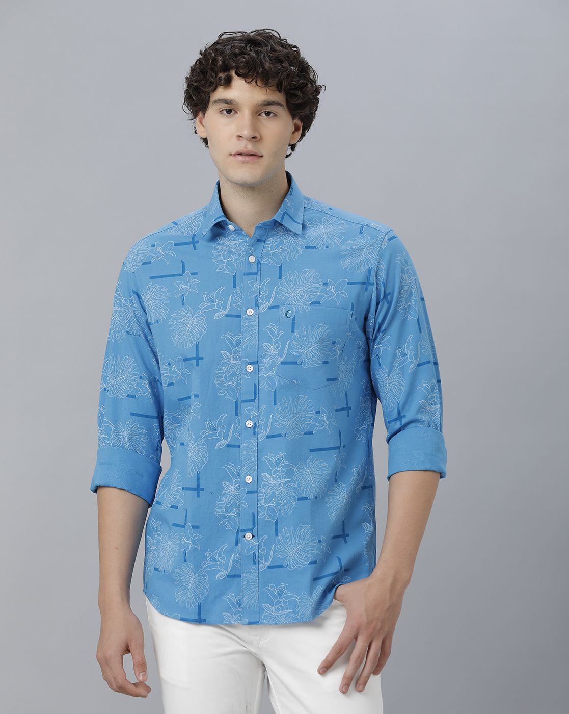 Men's Blended Linen Blue Printed Contemporary Fit Full Sleeve Sleeve Casual Shirt