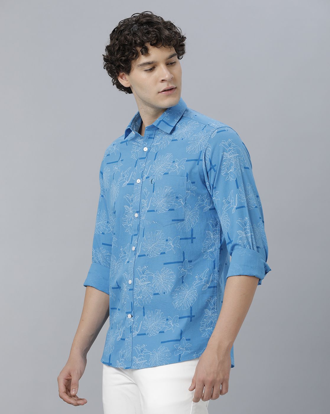 Men's Blended Linen Blue Printed Contemporary Fit Full Sleeve Sleeve Casual Shirt