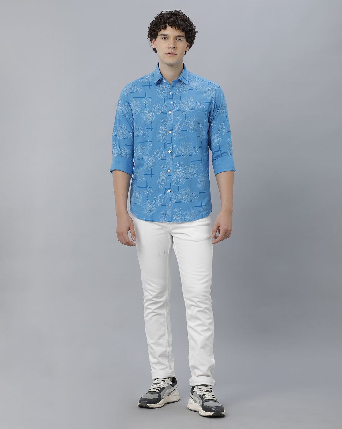Men's Blended Linen Blue Printed Contemporary Fit Full Sleeve Sleeve Casual Shirt