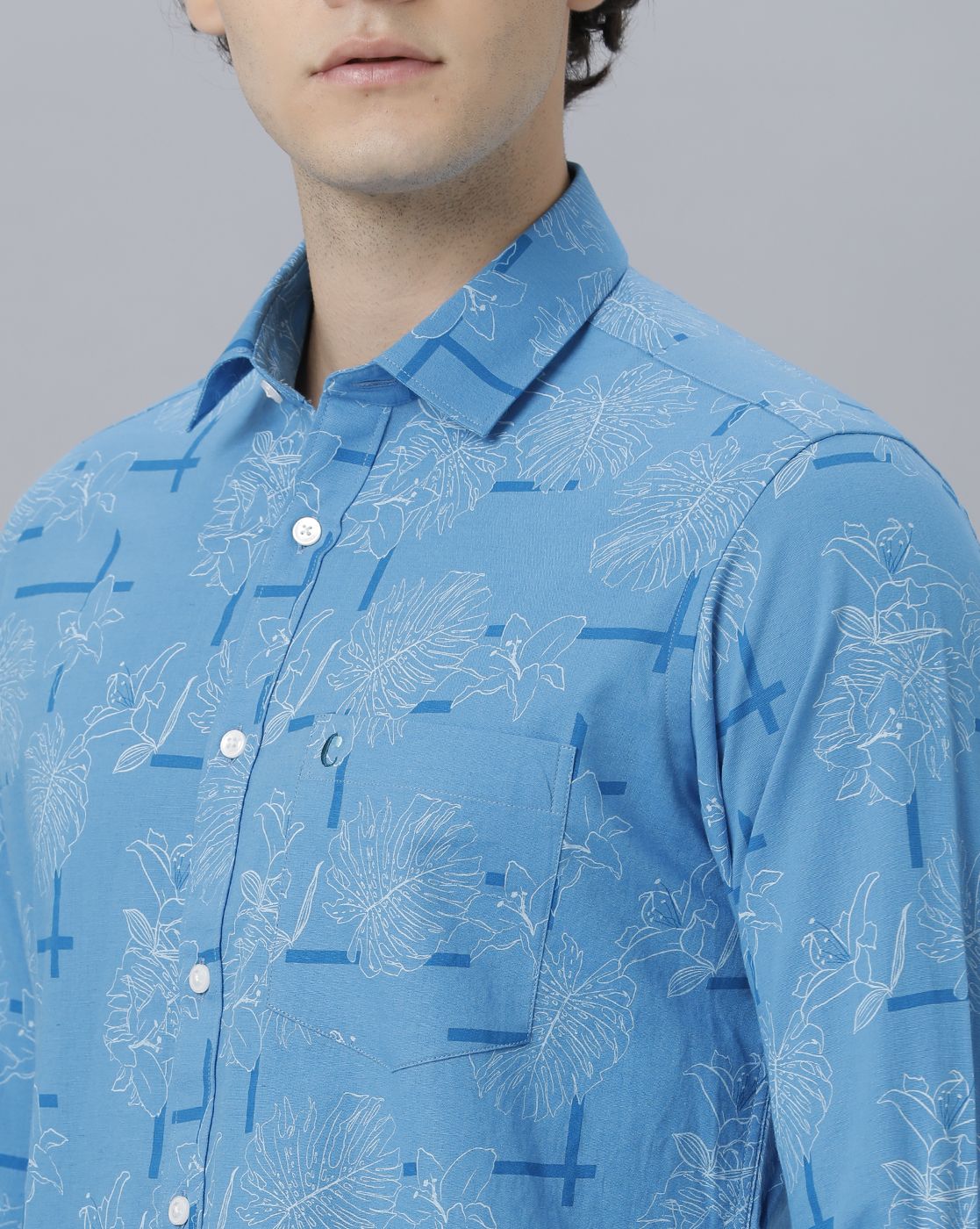 Men's Blended Linen Blue Printed Contemporary Fit Full Sleeve Sleeve Casual Shirt