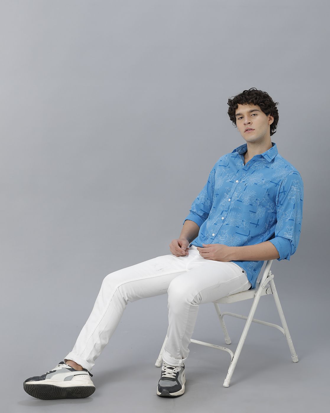 Men's Blended Linen Blue Printed Contemporary Fit Full Sleeve Sleeve Casual Shirt