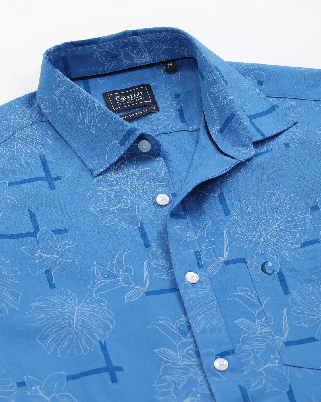 Men's Blended Linen Blue Printed Contemporary Fit Full Sleeve Sleeve Casual Shirt