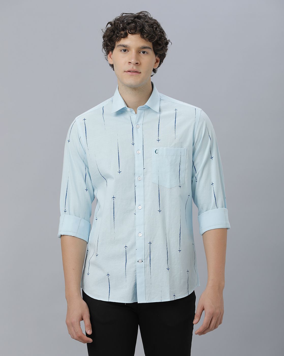 Men's Blended Linen Blue Printed Contemporary Fit Full Sleeve Casual Shirt