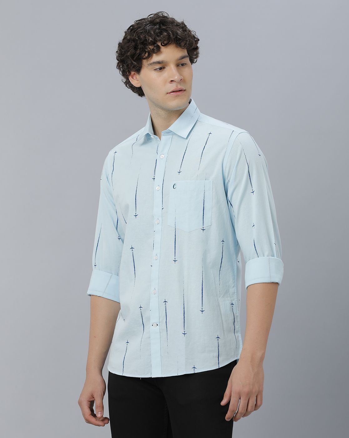 Men's Blended Linen Blue Printed Contemporary Fit Full Sleeve Casual Shirt
