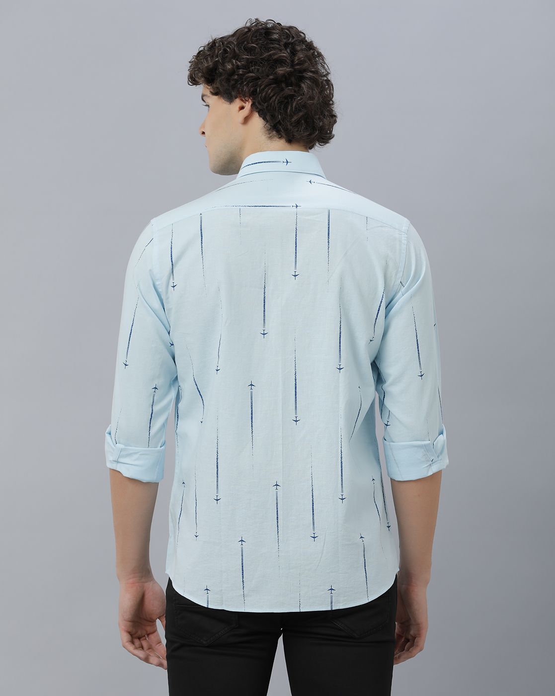 Men's Blended Linen Blue Printed Contemporary Fit Full Sleeve Casual Shirt