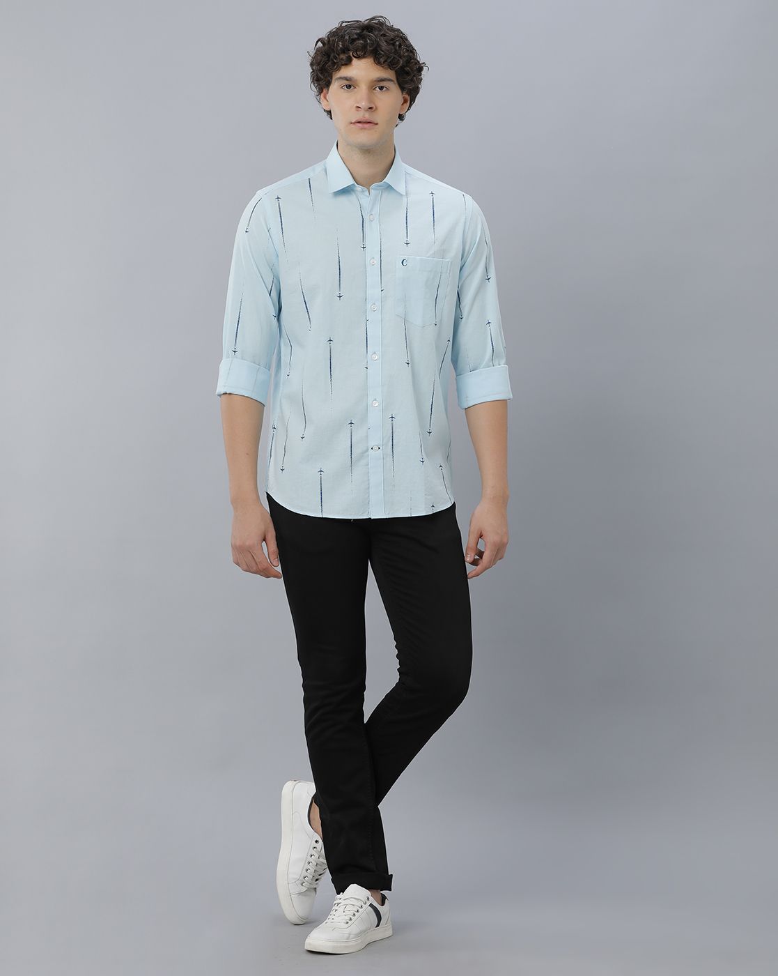 Men's Blended Linen Blue Printed Contemporary Fit Full Sleeve Casual Shirt