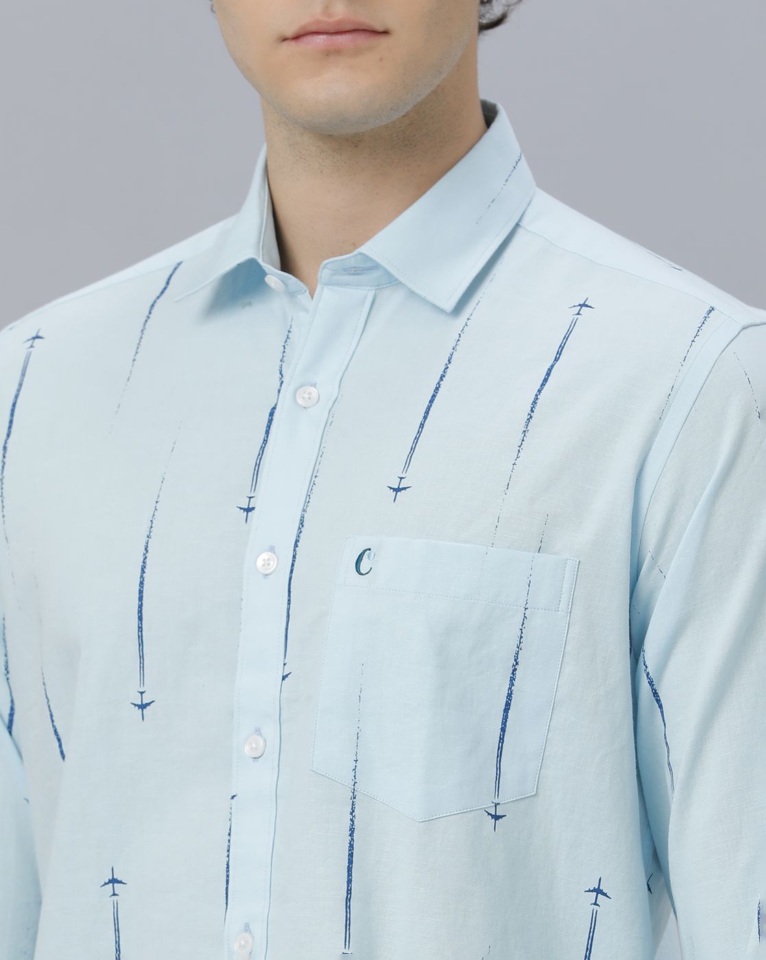 Men's Blended Linen Blue Printed Contemporary Fit Full Sleeve Casual Shirt