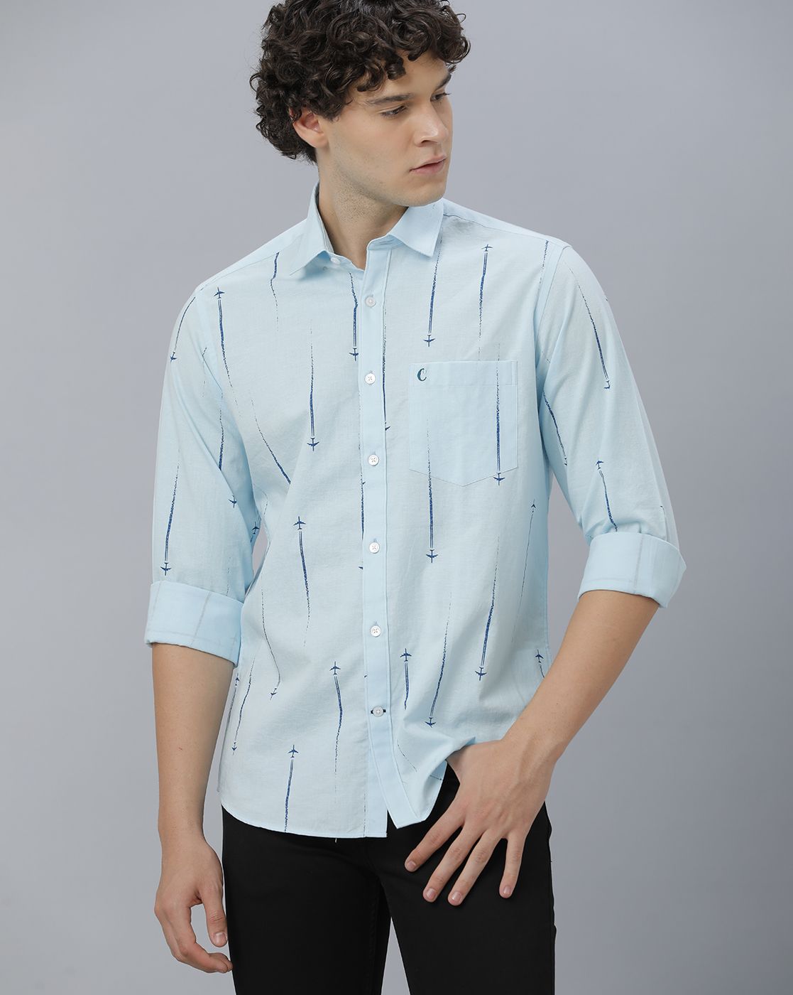 Men's Blended Linen Blue Printed Contemporary Fit Full Sleeve Casual Shirt