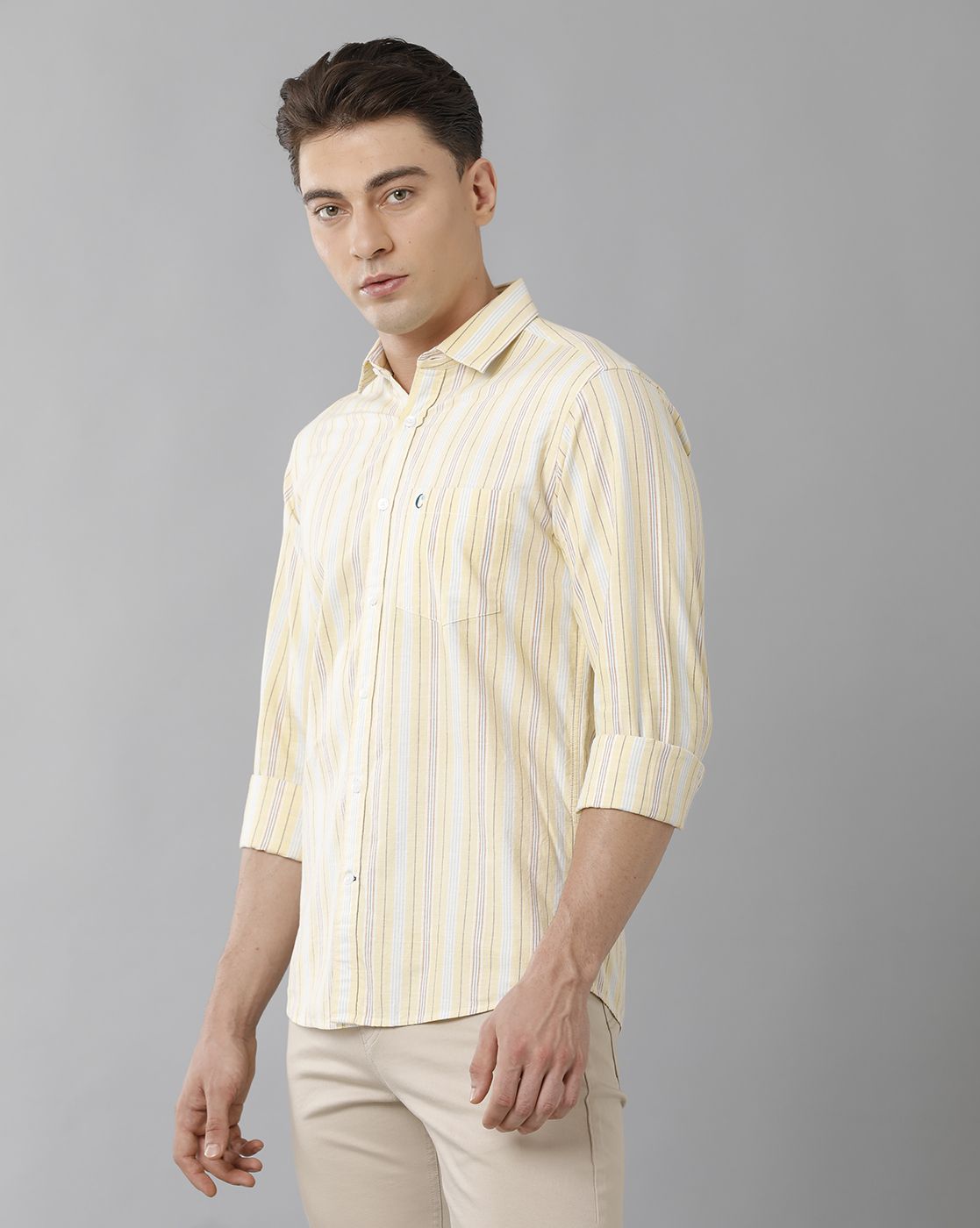 Cavallo By Linen Club Men's Cotton Linen Yellow Striped Regular Fit Full Sleeve Casual Shirt