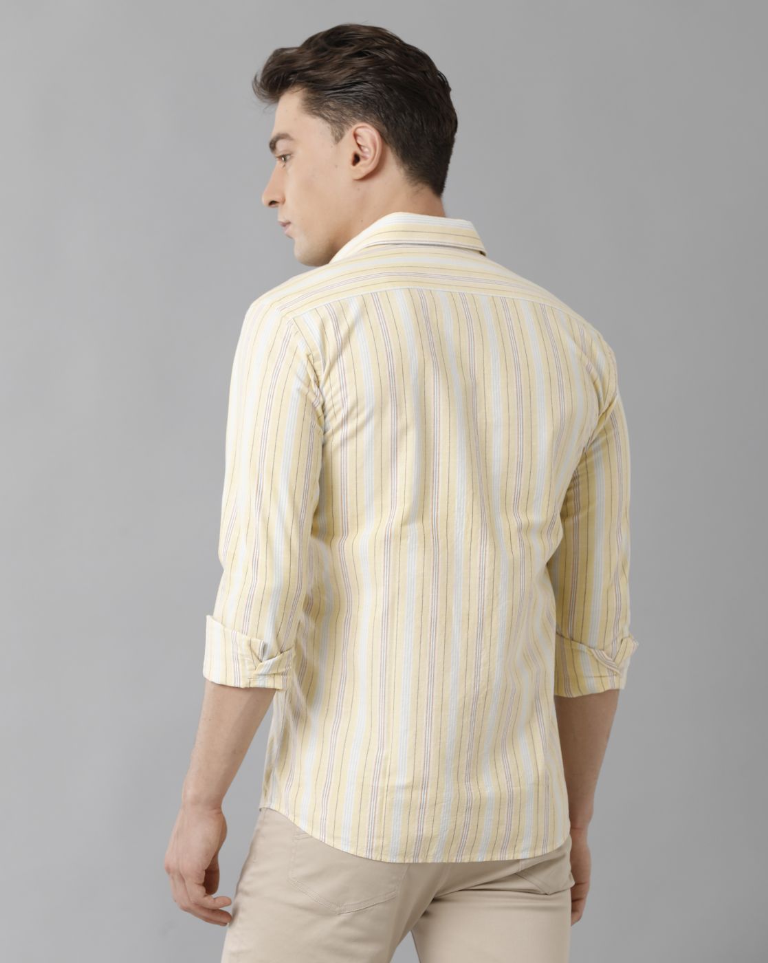 Cavallo By Linen Club Men's Cotton Linen Yellow Striped Regular Fit Full Sleeve Casual Shirt