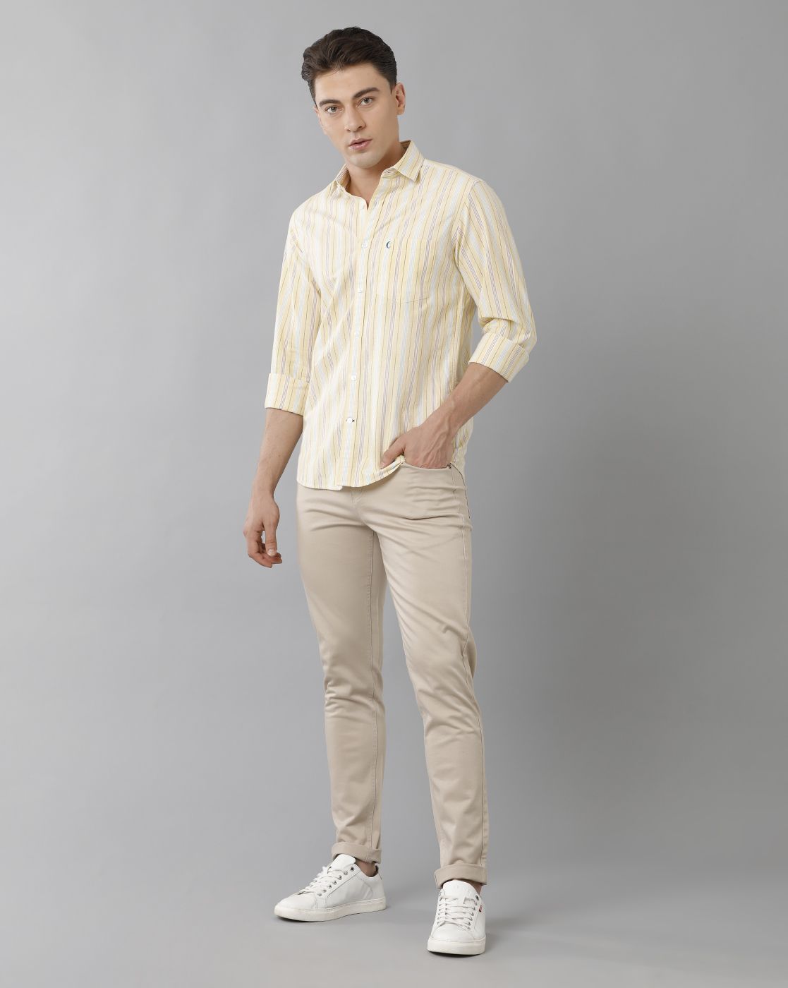 Cavallo By Linen Club Men's Cotton Linen Yellow Striped Regular Fit Full Sleeve Casual Shirt