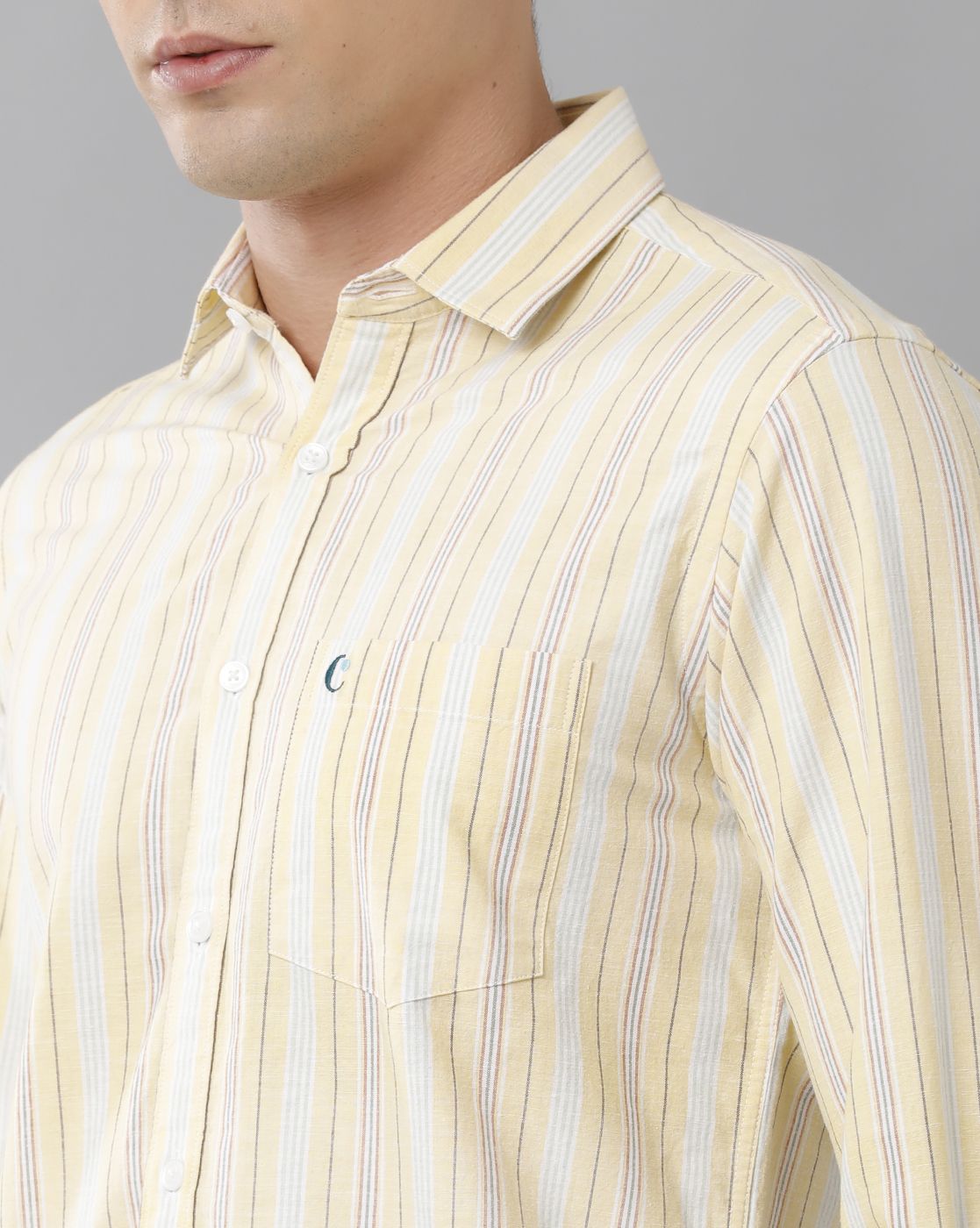 Cavallo By Linen Club Men's Cotton Linen Yellow Striped Regular Fit Full Sleeve Casual Shirt