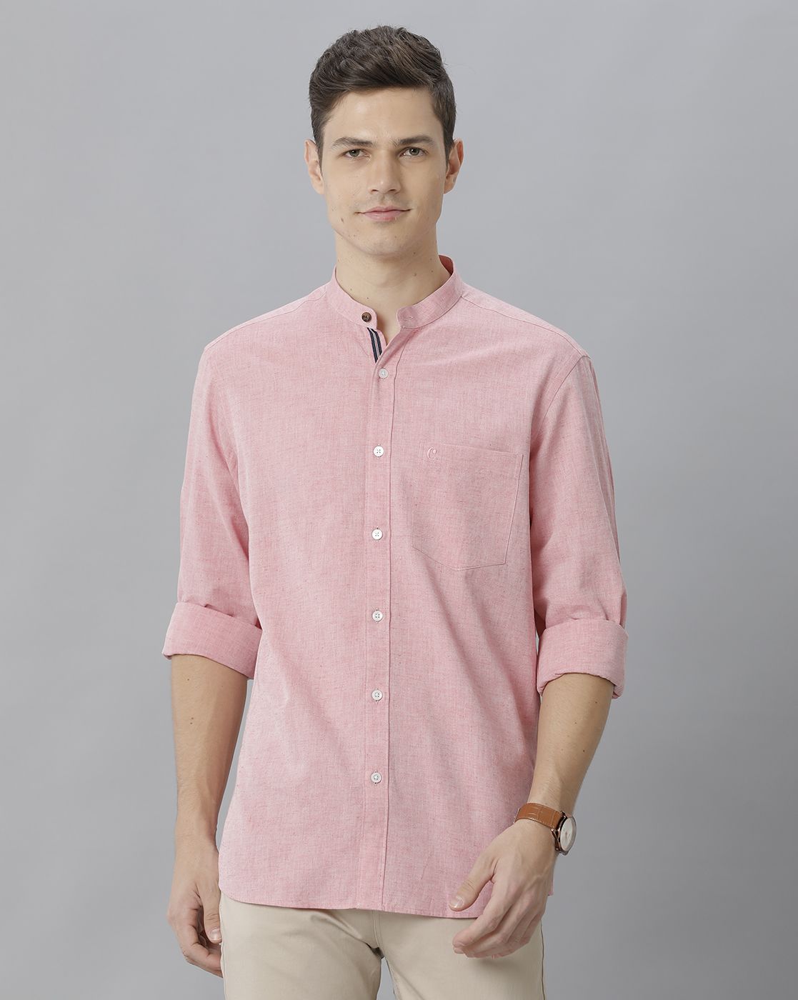 Men's Blended Linen Pink Solid Contemporary Fit Full Sleeve Sleeve Casual Shirt