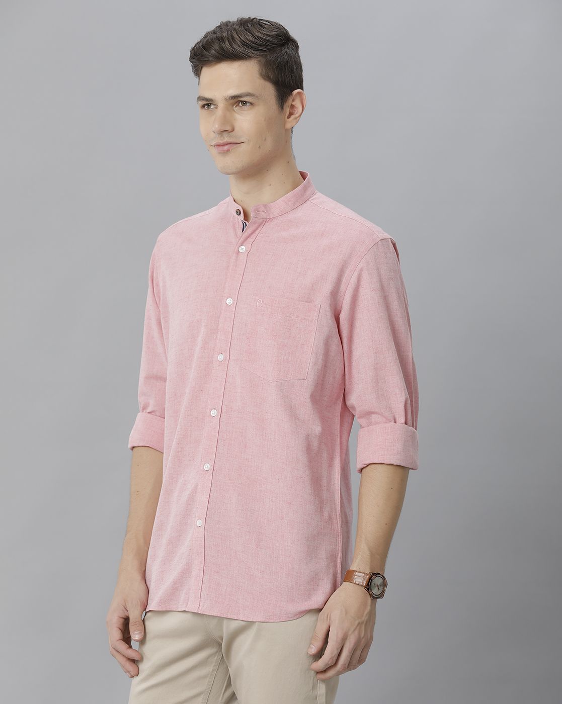 Men's Blended Linen Pink Solid Contemporary Fit Full Sleeve Sleeve Casual Shirt