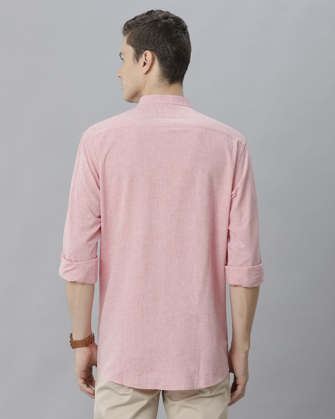 Men's Blended Linen Pink Solid Contemporary Fit Full Sleeve Sleeve Casual Shirt