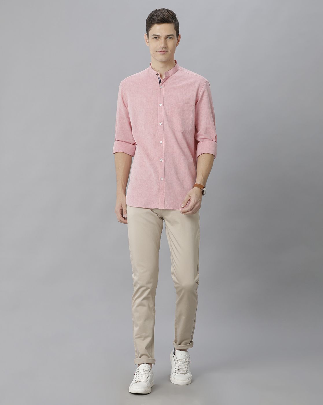 Men's Blended Linen Pink Solid Contemporary Fit Full Sleeve Sleeve Casual Shirt