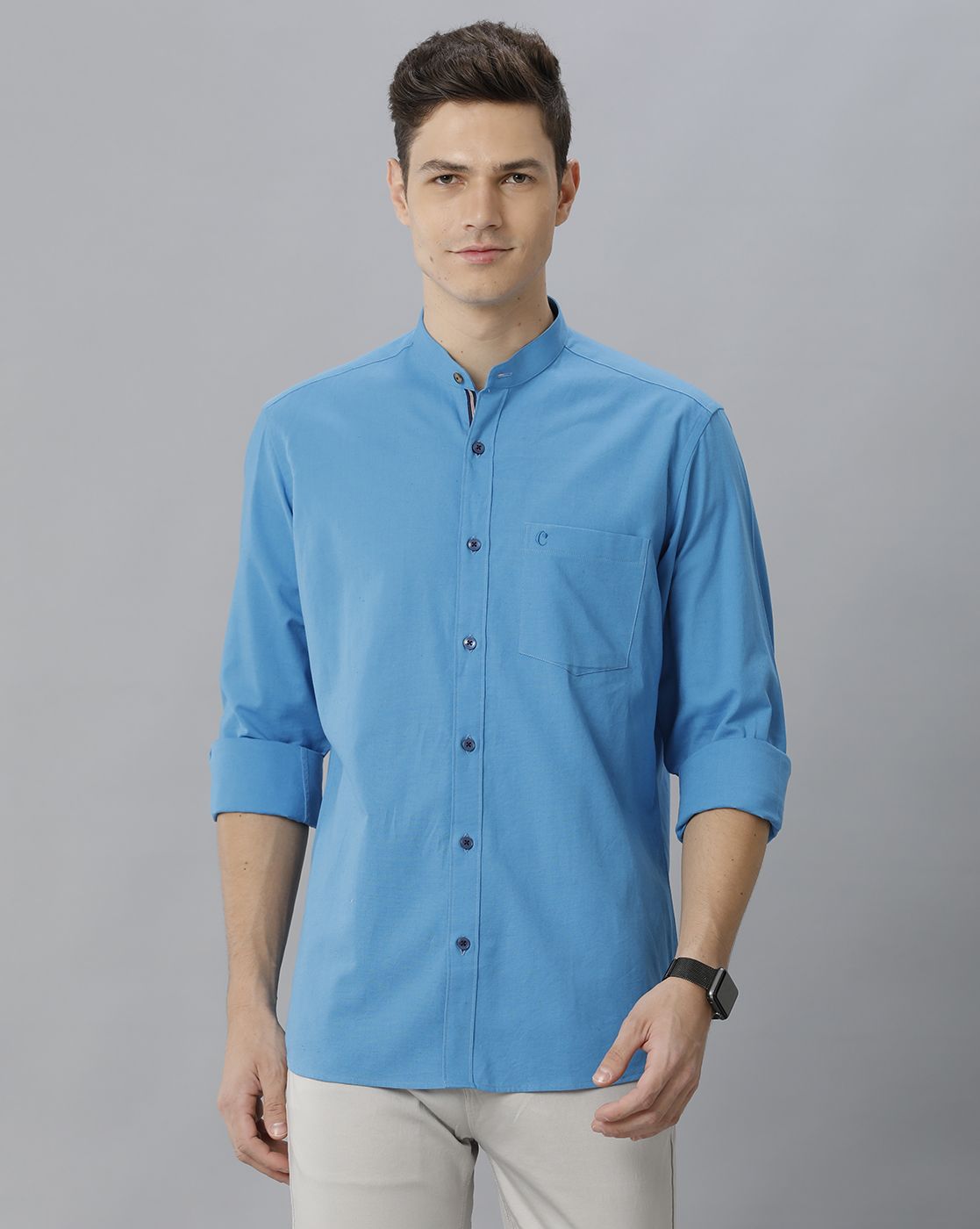 Cavallo By Linen Club Men's Cotton Linen Blue Solid Regular Fit Full Sleeve Casual Shirt