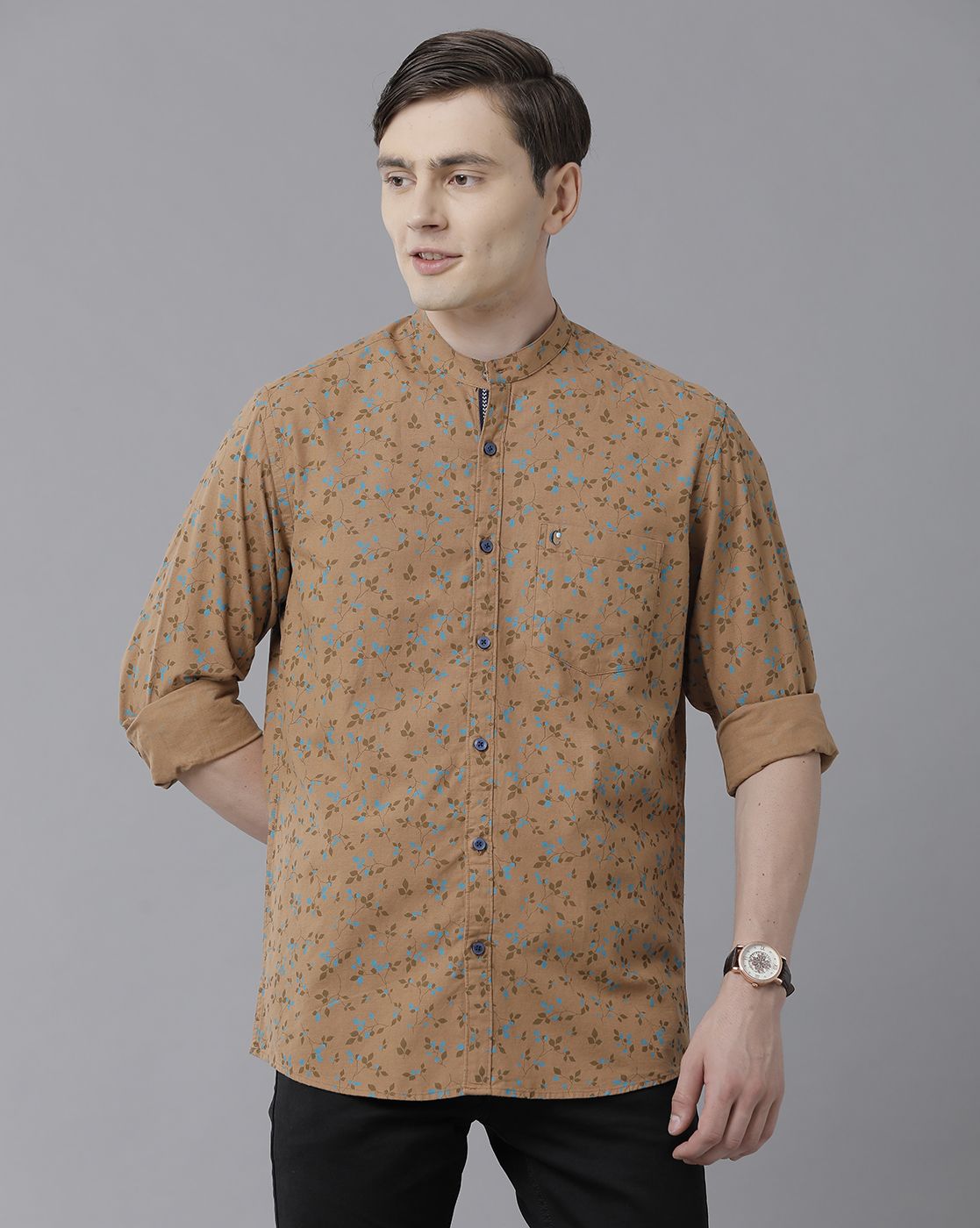 Men's Blended Linen Brown Printed Contemporary Fit Full Sleeve Sleeve Casual Shirt