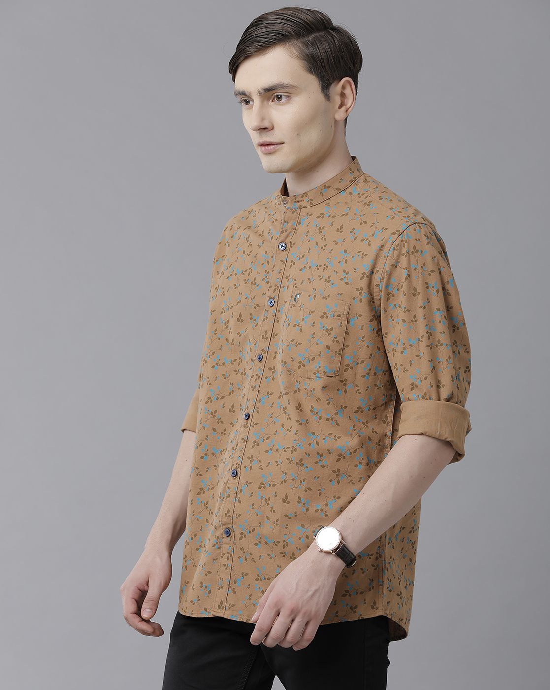Men's Blended Linen Brown Printed Contemporary Fit Full Sleeve Sleeve Casual Shirt