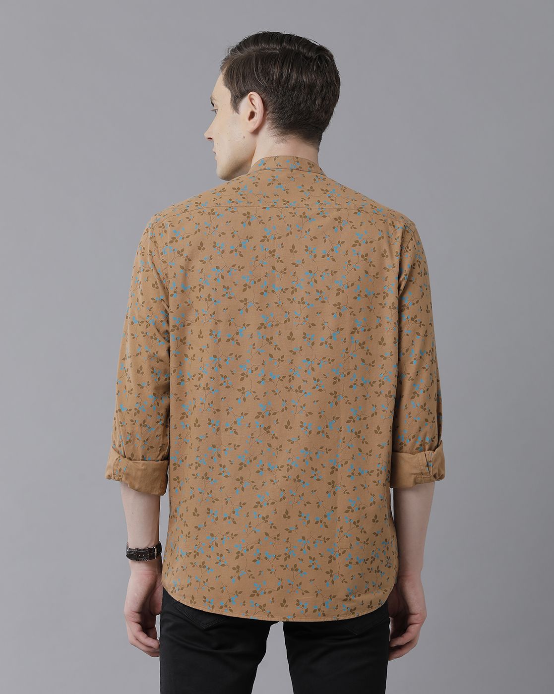 Men's Blended Linen Brown Printed Contemporary Fit Full Sleeve Sleeve Casual Shirt