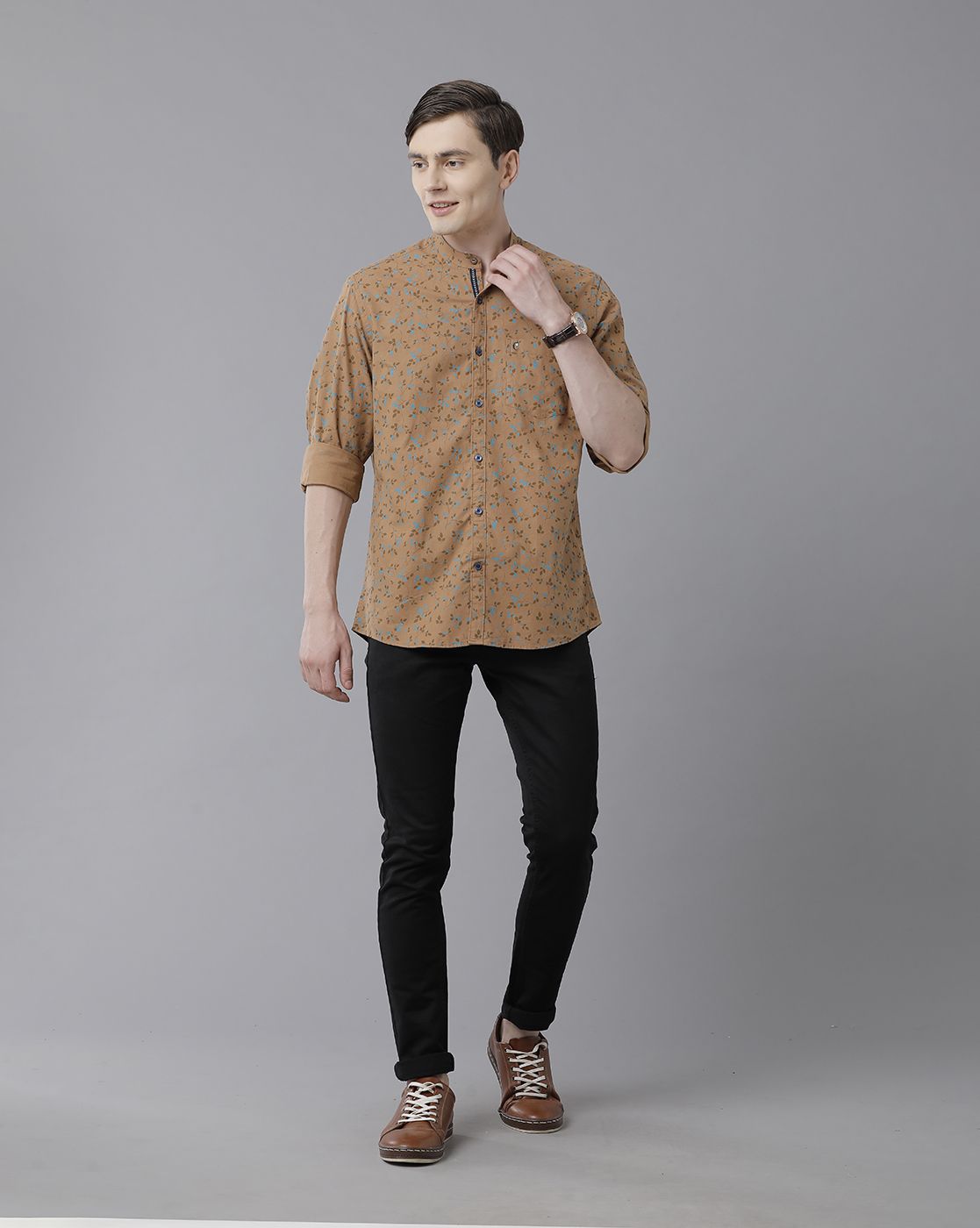 Men's Blended Linen Brown Printed Contemporary Fit Full Sleeve Sleeve Casual Shirt