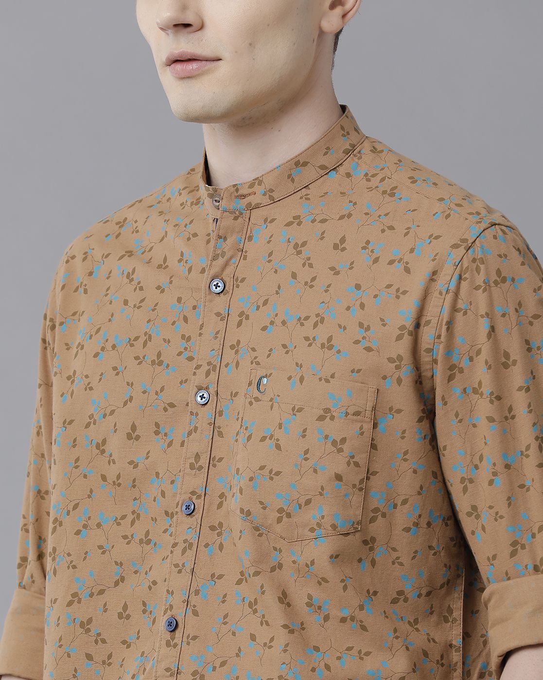 Men's Blended Linen Brown Printed Contemporary Fit Full Sleeve Sleeve Casual Shirt