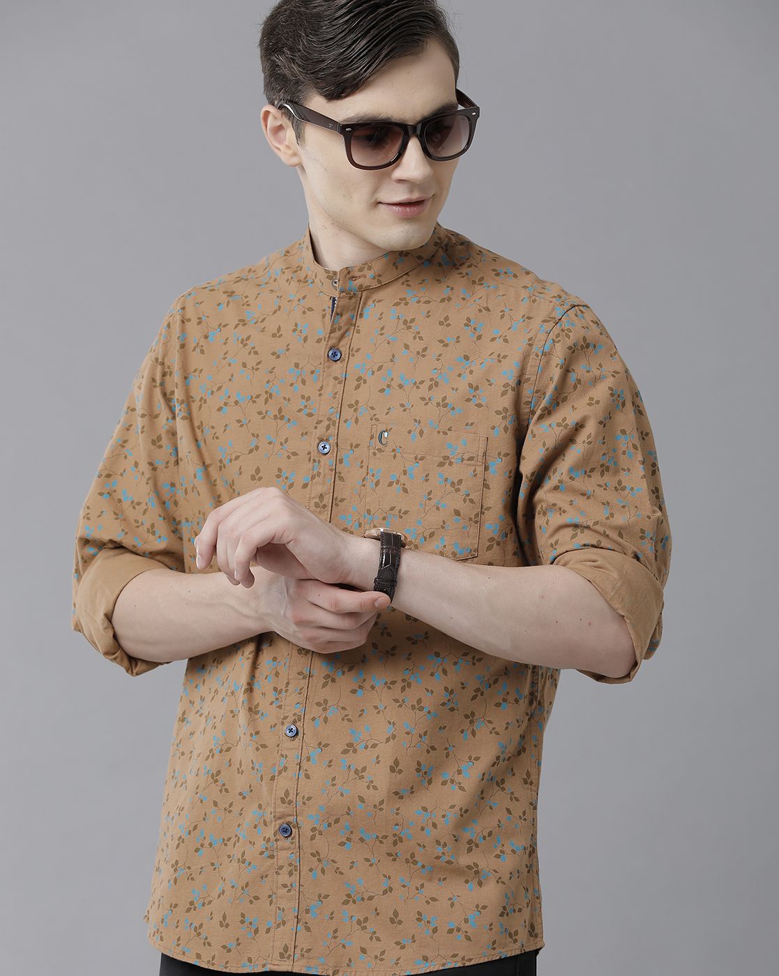 Men's Blended Linen Brown Printed Contemporary Fit Full Sleeve Sleeve Casual Shirt
