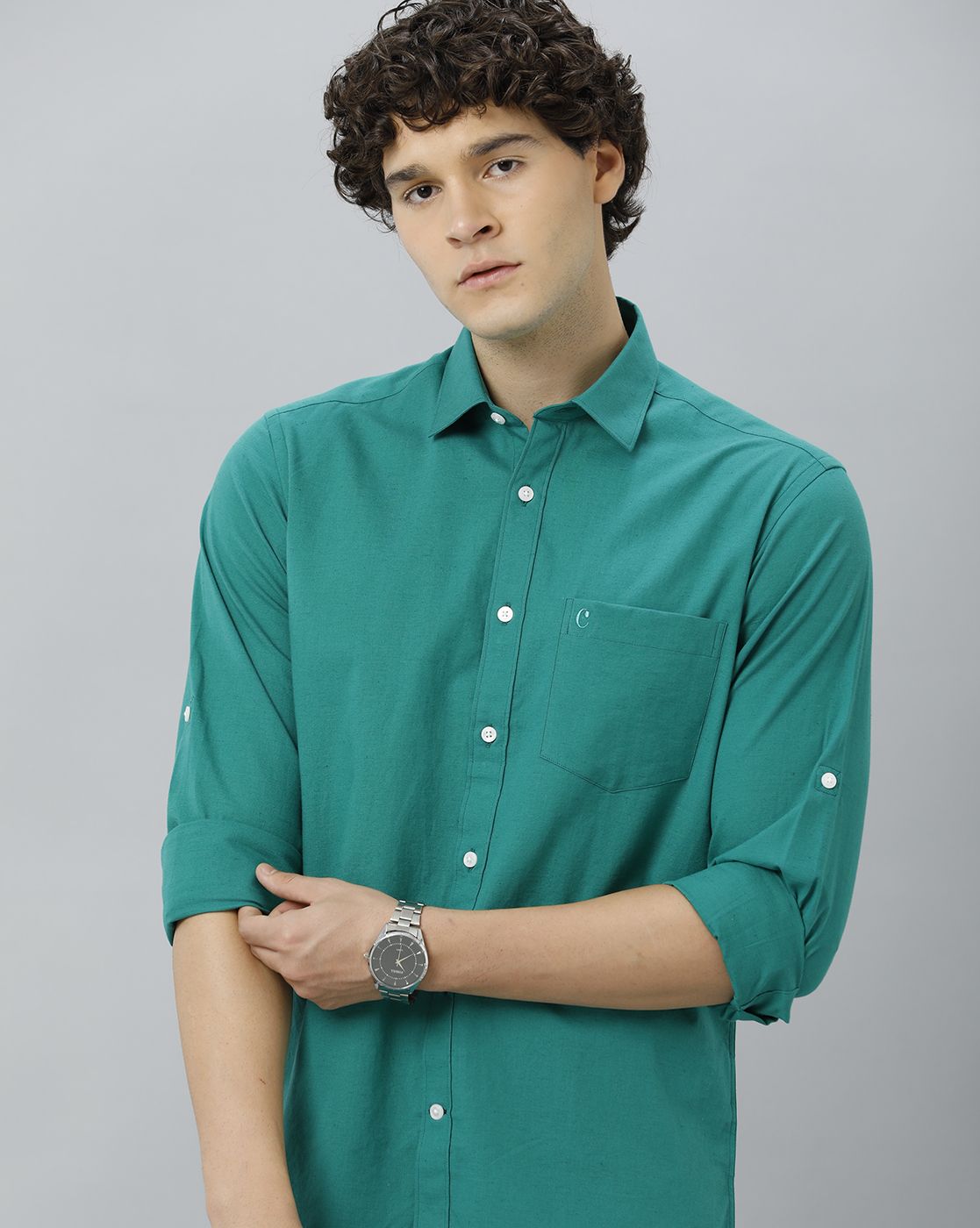 Men's Blended Linen Green Solid Contemporary Fit Full Sleeve Casual Shirt