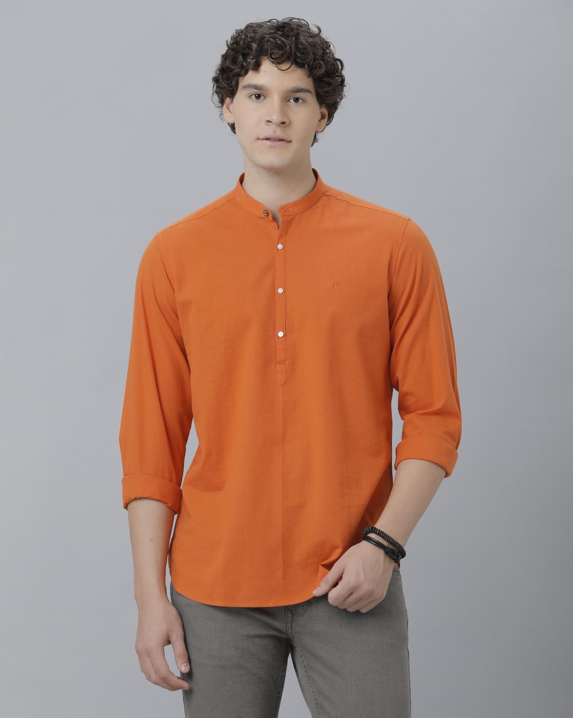 Men's Blended Linen Orange Solid Contemporary Fit Full Sleeve Sleeve Casual Shirt