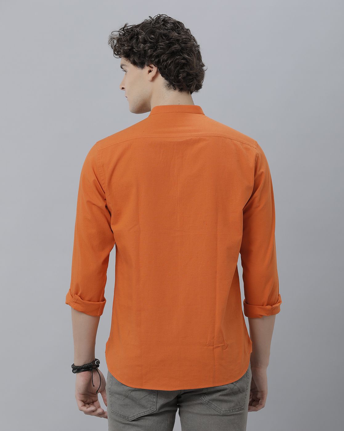 Men's Blended Linen Orange Solid Contemporary Fit Full Sleeve Sleeve Casual Shirt