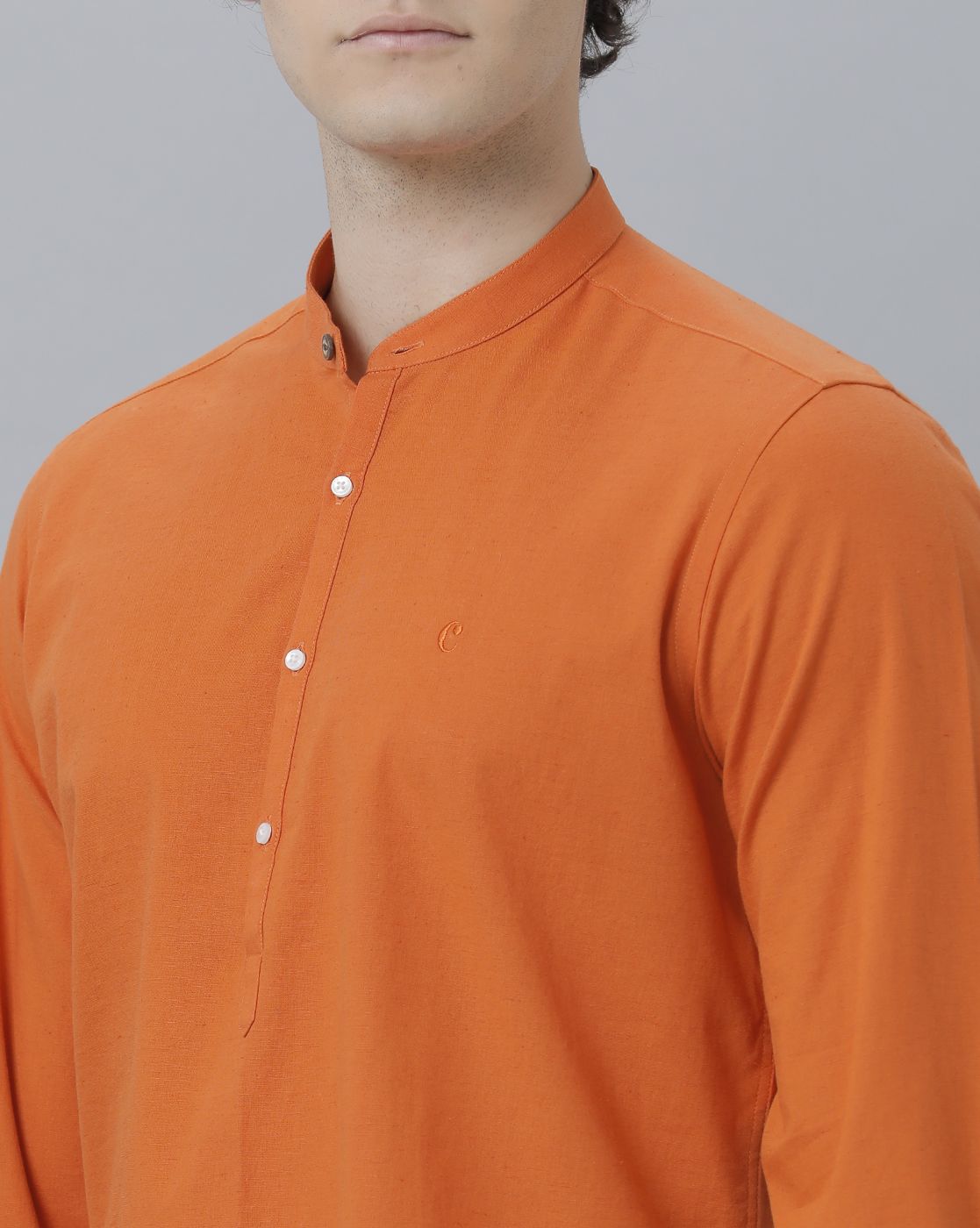 Men's Blended Linen Orange Solid Contemporary Fit Full Sleeve Sleeve Casual Shirt