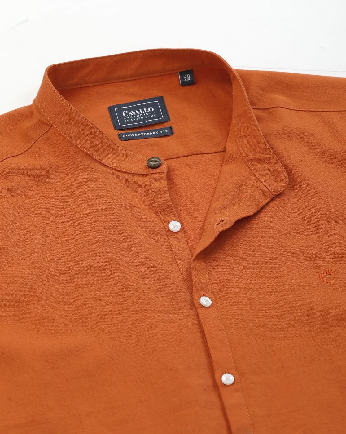 Men's Blended Linen Orange Solid Contemporary Fit Full Sleeve Sleeve Casual Shirt