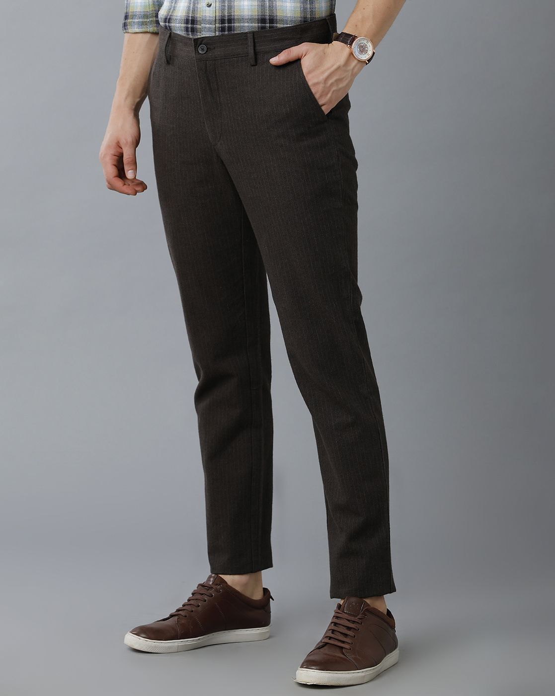 Cavallo By Linen Club Men's Cotton Linen Brown Striped Mid-Rise Slim Fit Trouser