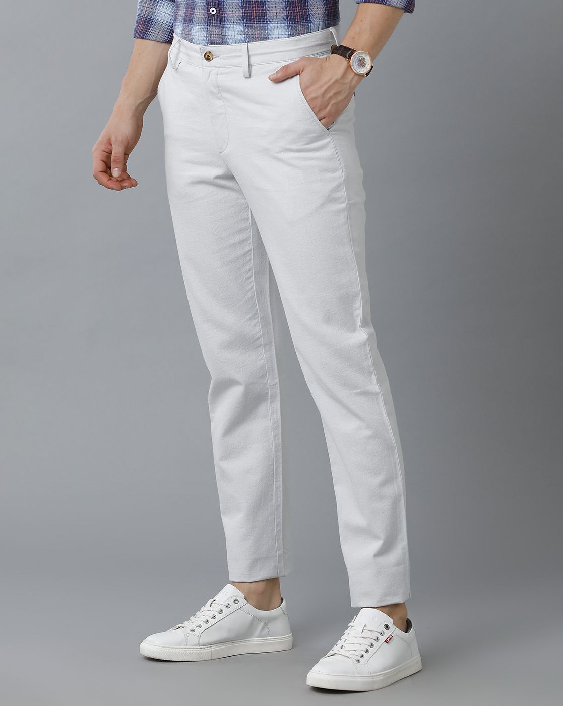 Cavallo By Linen Club Men's Cotton Linen White Solid Mid-Rise Slim Fit Trouser