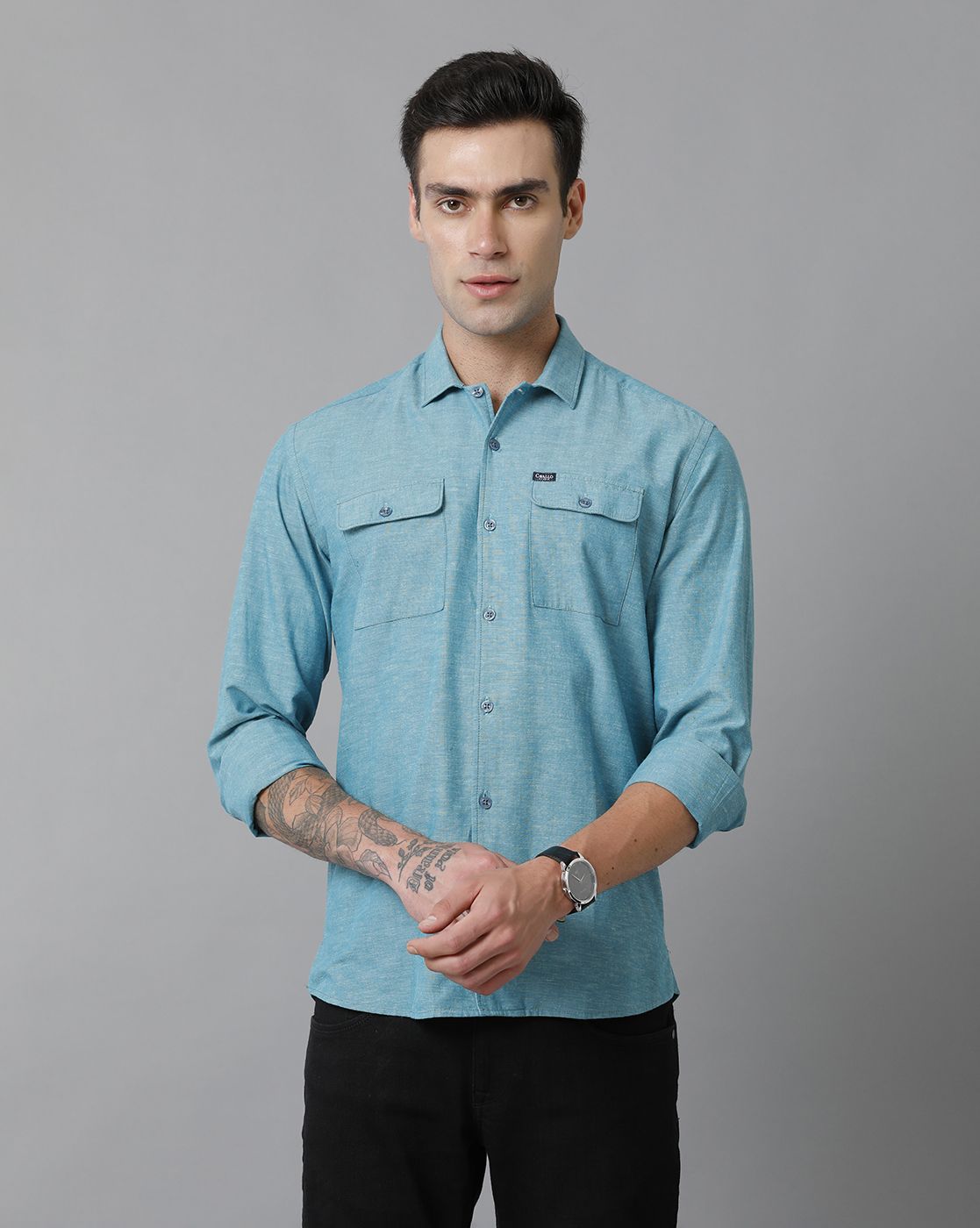 Men's Blended Linen Turquoise Blue Solid Contemporary Fit Full Sleeve Sleeve Casual Shirt