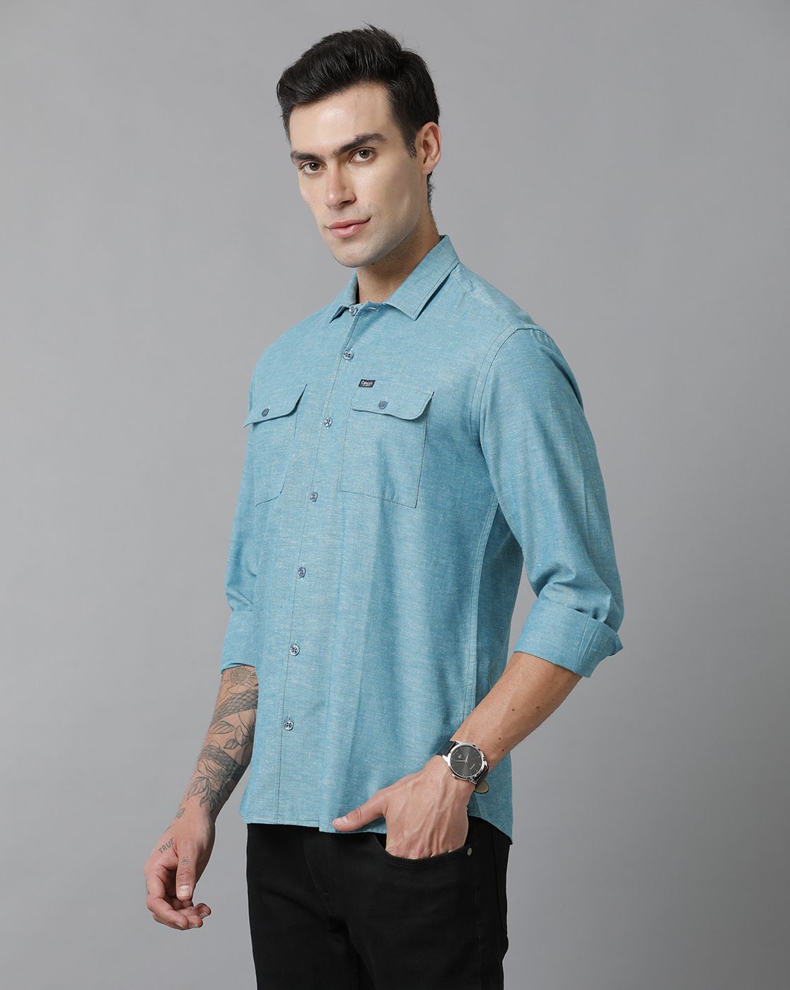 Men's Blended Linen Turquoise Blue Solid Contemporary Fit Full Sleeve Sleeve Casual Shirt