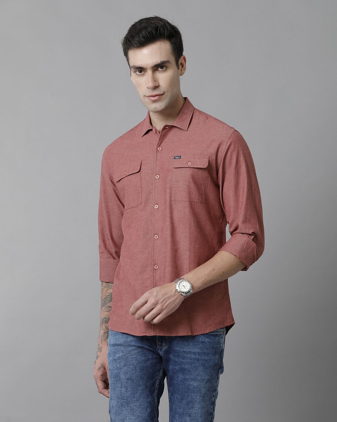 Men's Blended Linen Red Solid Contemporary Fit Full Sleeve Sleeve Casual Shirt
