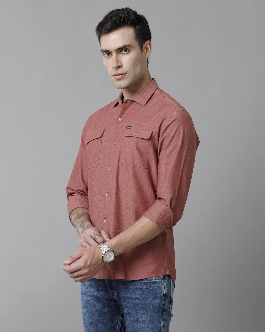 Men's Blended Linen Red Solid Contemporary Fit Full Sleeve Sleeve Casual Shirt
