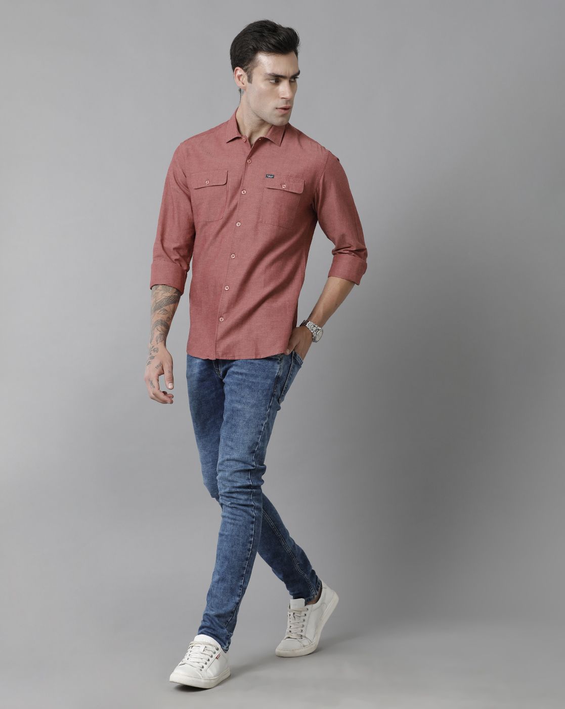 Men's Blended Linen Red Solid Contemporary Fit Full Sleeve Sleeve Casual Shirt