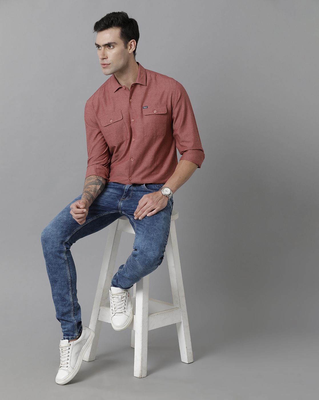 Men's Blended Linen Red Solid Contemporary Fit Full Sleeve Sleeve Casual Shirt