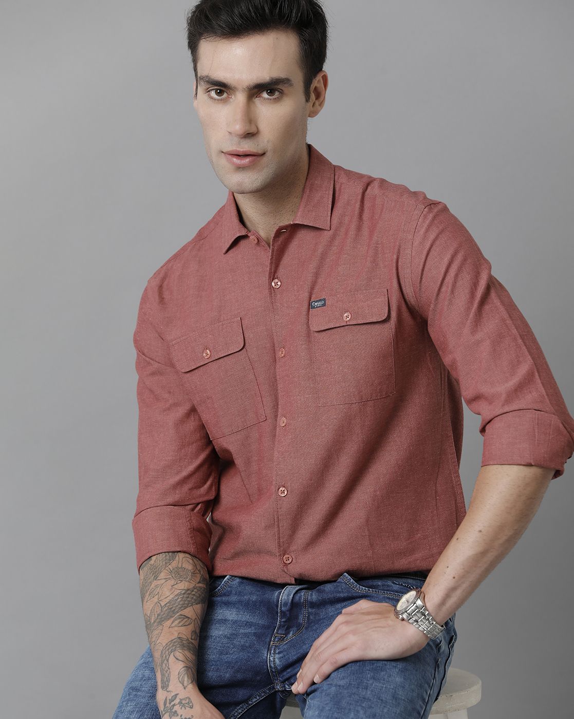Men's Blended Linen Red Solid Contemporary Fit Full Sleeve Sleeve Casual Shirt