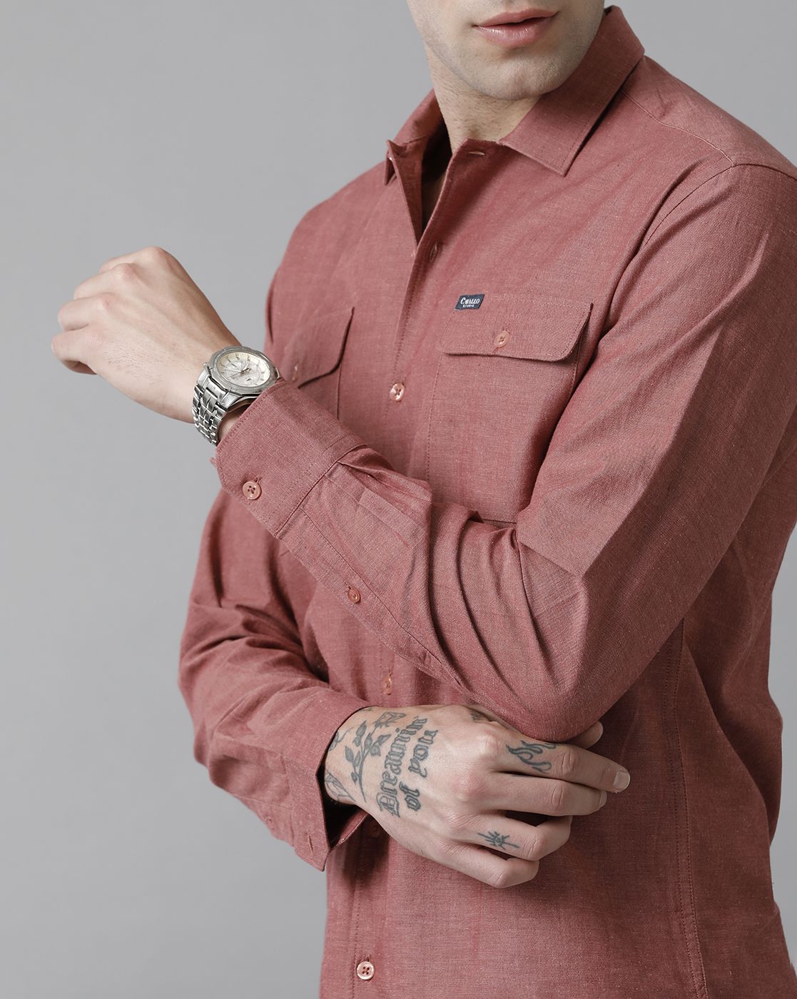 Men's Blended Linen Red Solid Contemporary Fit Full Sleeve Sleeve Casual Shirt