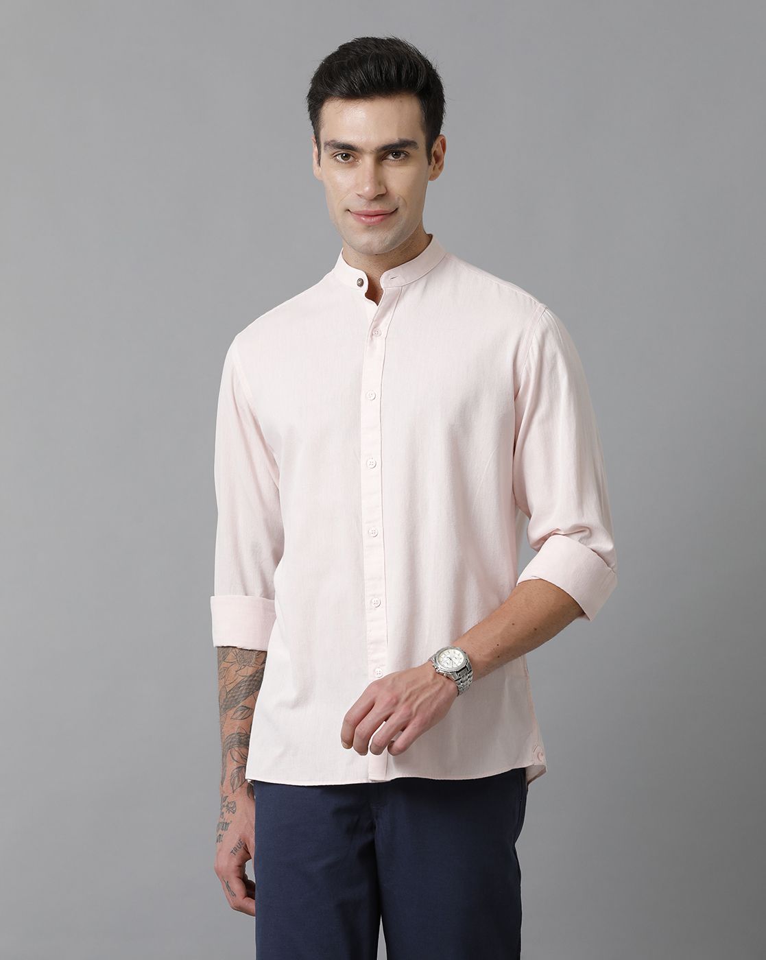 Men's Blended Linen Pink Solid Contemporary Fit Full Sleeve Sleeve Casual Shirt