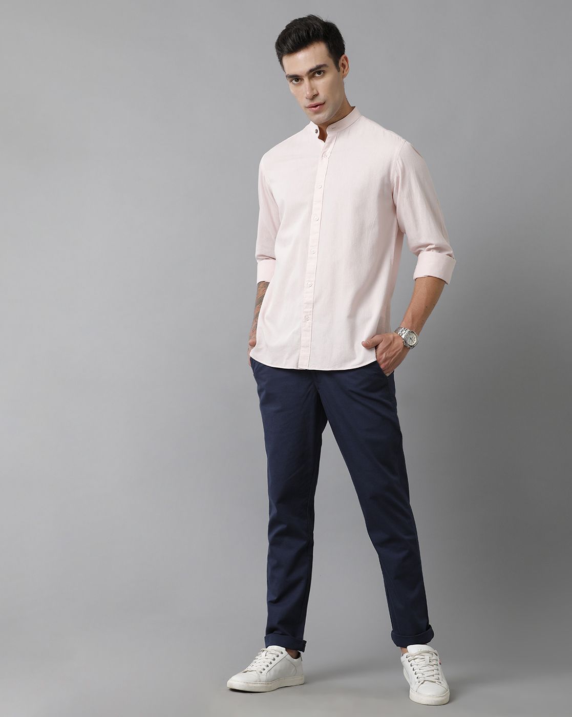Men's Blended Linen Pink Solid Contemporary Fit Full Sleeve Sleeve Casual Shirt